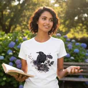 Camiseta Cuervo Botánico Oscuro Gráfico Académico Malhumora