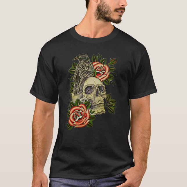 Camiseta Cuervo Clásico Y Rosas (Anverso)