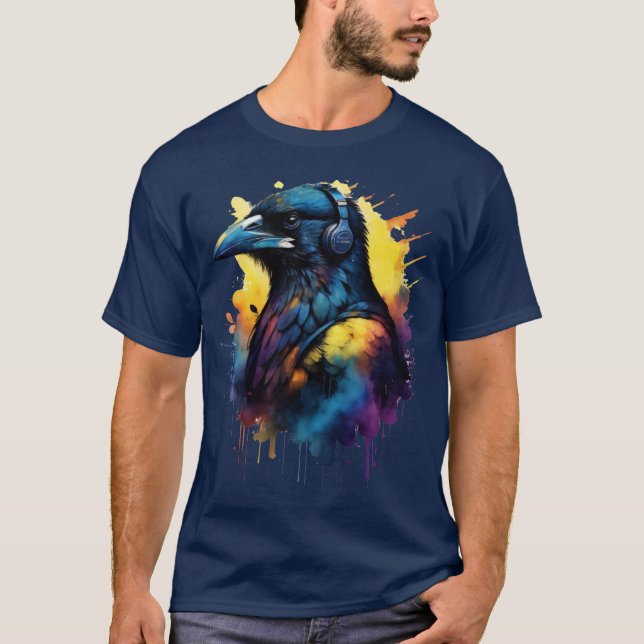 Camiseta Cuervo Negro Pájaro Cuervo con Auriculares (Anverso)
