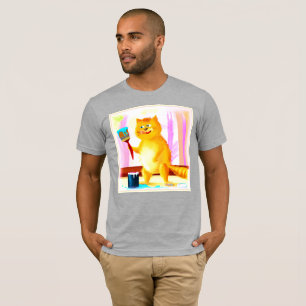 Camiseta Cuidada Pintura De Un Gato Que Sostenía Un Cepillo