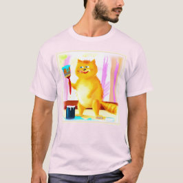 Camiseta Cuidada Pintura De Un Gato Que Sostenía Un Cepillo
