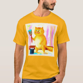Camiseta Cuidada Pintura De Un Gato Que Sostenía Un Cepillo