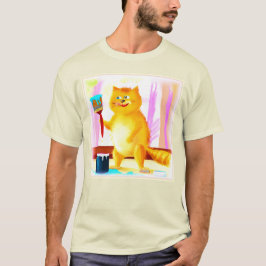 Camiseta Cuidada Pintura De Un Gato Que Sostenía Un Cepillo