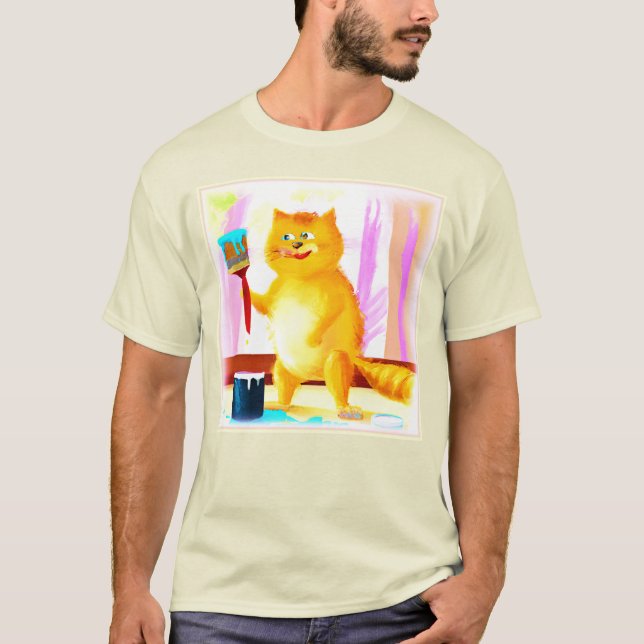 Camiseta Cuidada Pintura De Un Gato Que Sostenía Un Cepillo (Anverso)