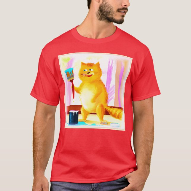 Camiseta Cuidada Pintura De Un Gato Que Sostenía Un Cepillo (Anverso)