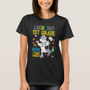 Camiseta Cuidado 1er Grado Aquí Vengo Unicornio Primer Día 