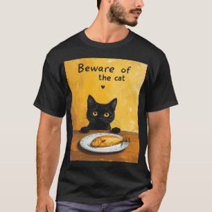 Camiseta Cuidado con el ladrón de pescado, pequeño gato neg