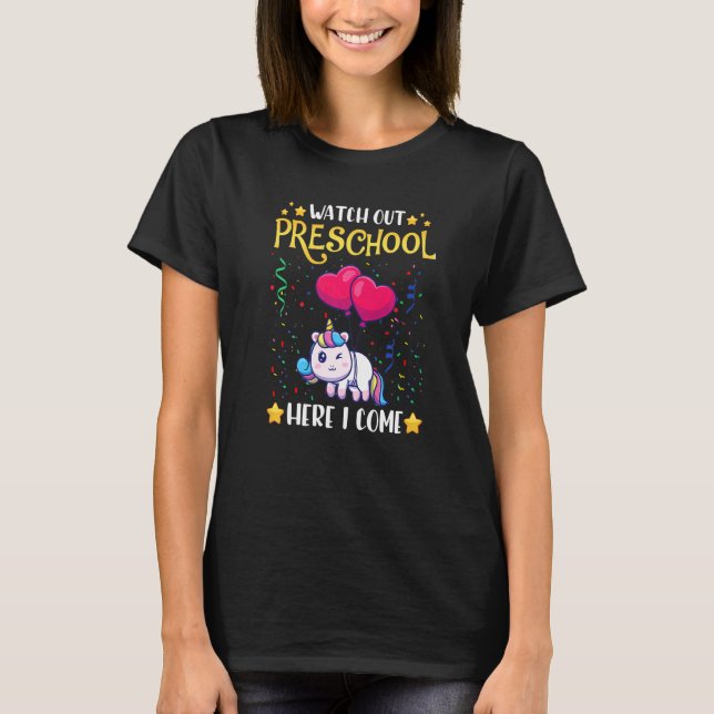 Camiseta Cuidado con la escuela preescolar, vengo al primer (Anverso)