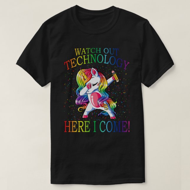 Camiseta Cuidado con la TECNOLOGÍA, aquí vuelvo Unicorn a S (Diseño del anverso)