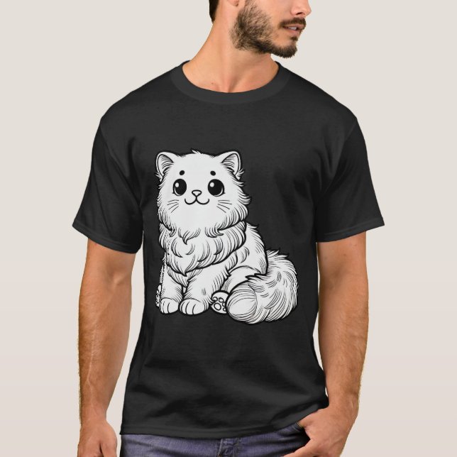 Camiseta Cuidado Gato Fluffy Negro Blanco (Anverso)