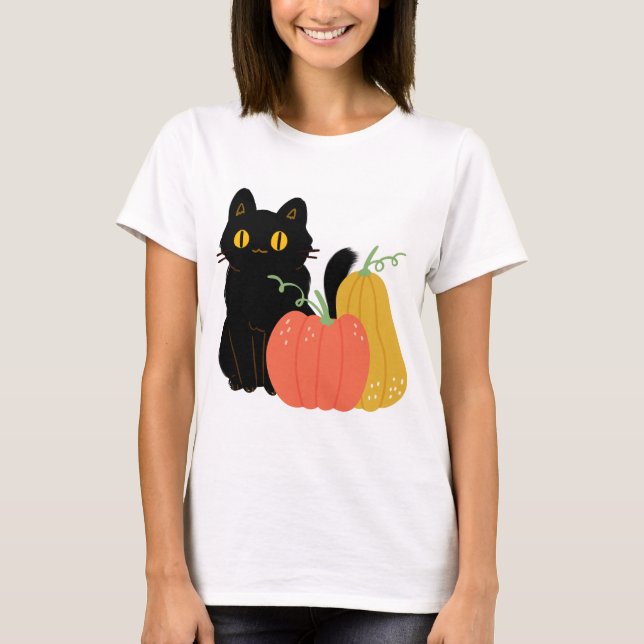 Camiseta Cuidado gato negro y calabazas (Anverso)