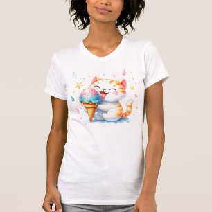 Camiseta Cuidado Helado Gato Whimsical Acuarela Kitty