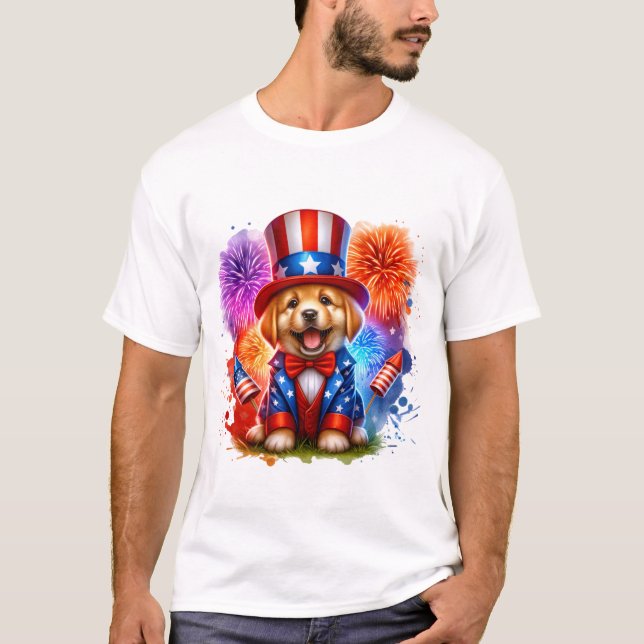 Camiseta Cuidado Tío Patriótico Sam Puppy Fuegos artificial (Anverso)