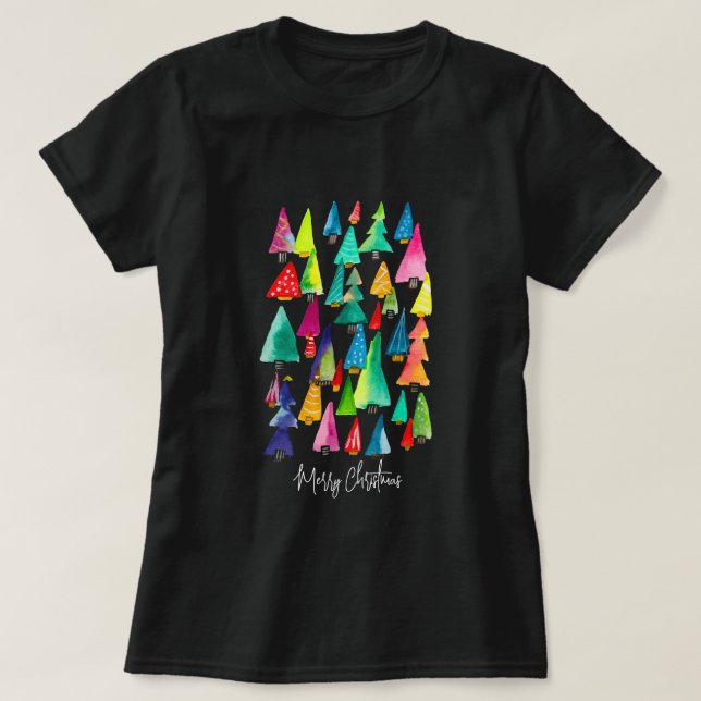 Camiseta Cuidados acuarelas árboles de Navidad (Diseño del anverso)