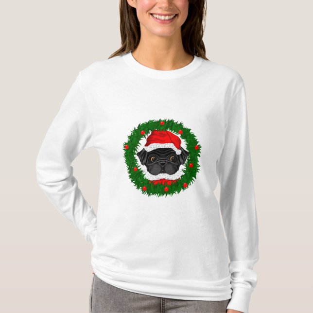 Camiseta Cuidados Navidades Black Pug Santa en guirnalda (Anverso)