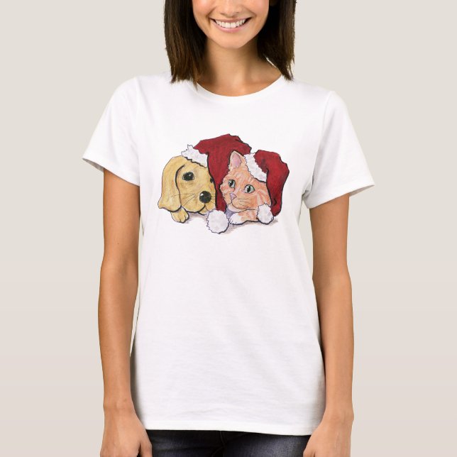 Camiseta Cuidados Navidades Labrador Puppy y Naranja Tabby (Anverso)