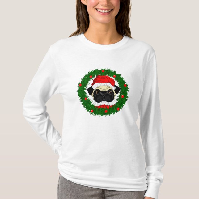 Camiseta Cuidados Navidades pug Santa en guirnalda (Anverso)