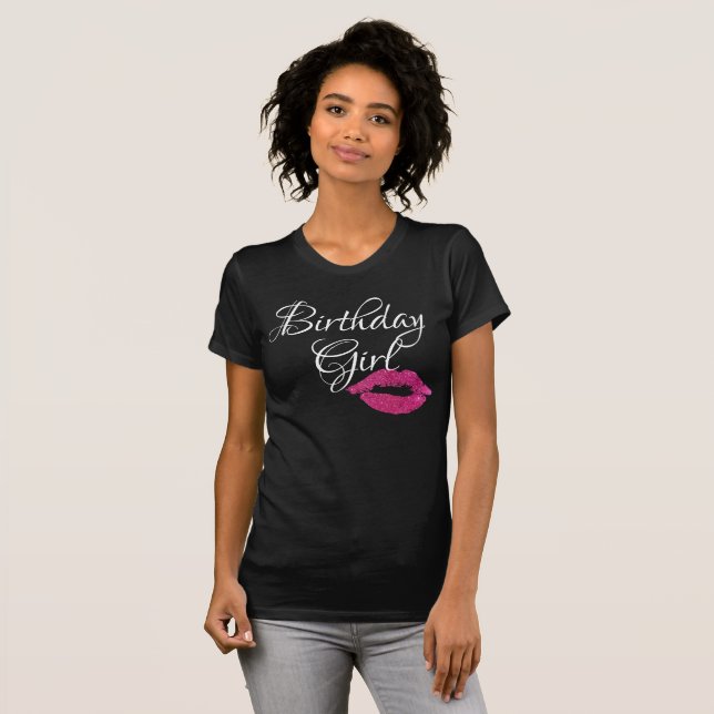 Camiseta Cumpleañera Labios Purpurina Rosa Brillo Negro (Anverso completo)