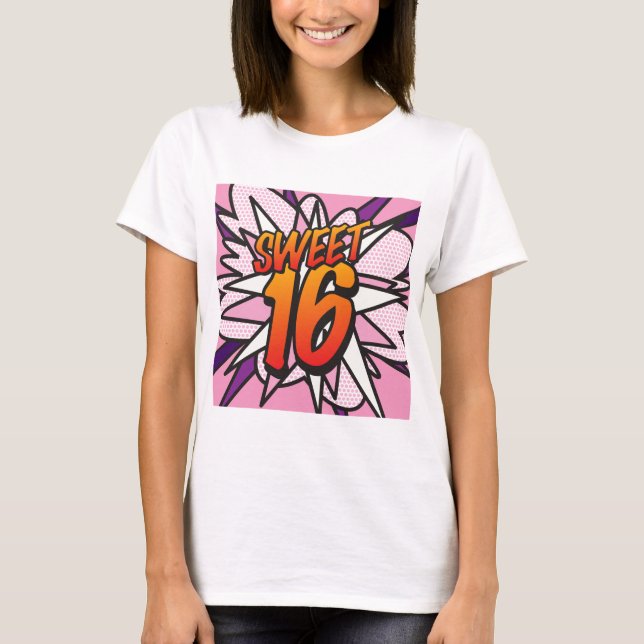 Camiseta Cumpleaños 16 SWEET en rosa arte pop de cómic (Anverso)