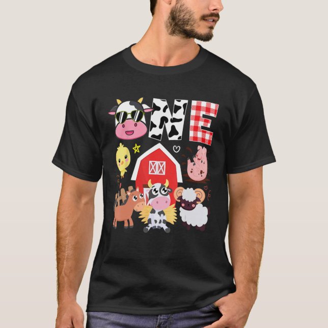 Camiseta Cumpleaños 1 Primer Año de Edad Tema Granja Vaca A (Anverso)