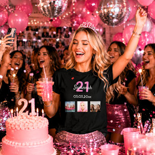 Camiseta Cumpleaños 21 personalizado foto monograma rosa mu