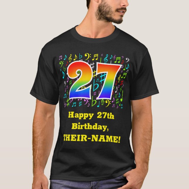 Camiseta Cumpleaños 27: Símbolos musicales coloridos, Arcoi (Anverso)