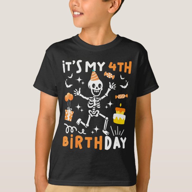Camiseta cumpleaños 4 niños esqueleto divertido cumpleaños  (Anverso)