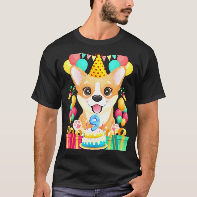 Camiseta Cumpleaños Corgi 9º 9 Años de Edad (Anverso)