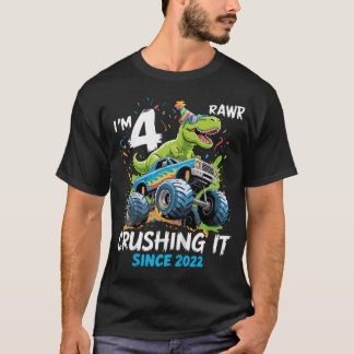 Camiseta Cumpleaños de 4 años Camión Monstruo Dinosaurio 4 
