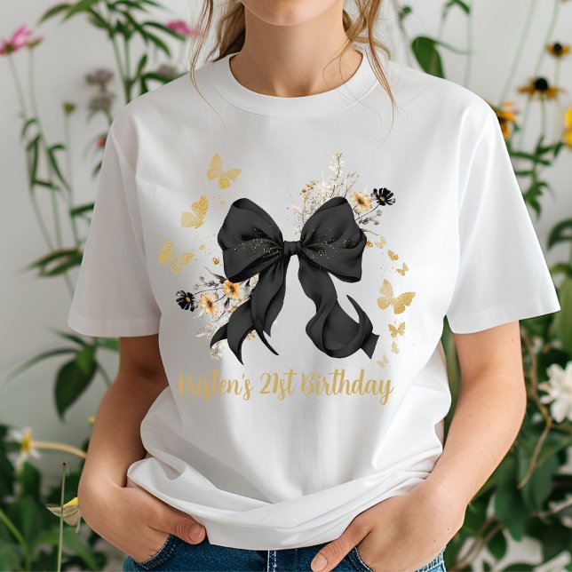 Camiseta Cumpleaños de flores silvestreses y lazo negro Coq (Elegant Black Bow Wildflowers tshirt)