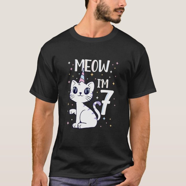 Camiseta Cumpleaños de gato 7 Meow Fiesta de cumpleaños de  (Anverso)