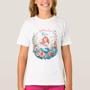 Camiseta Cumpleaños de niña con tema de sirena floral