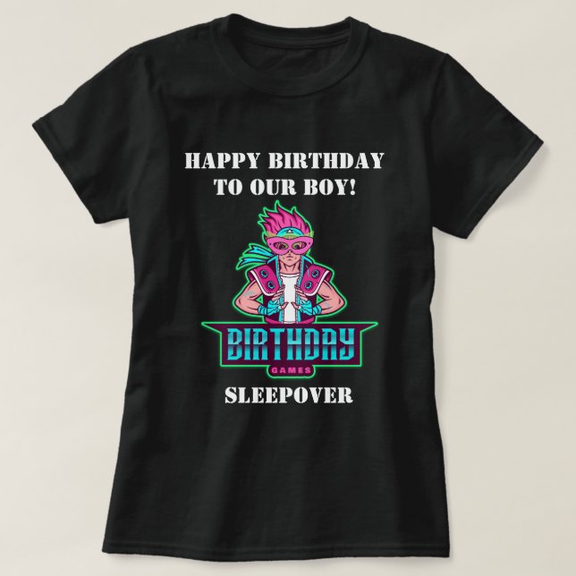 Camiseta Cumpleaños de superhéroes rosa y avatar verde (Diseño del anverso)