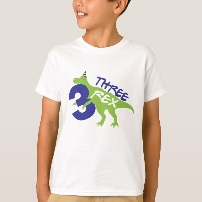 Camiseta Cumpleaños de Tres Dinosaurios Rex (Anverso)