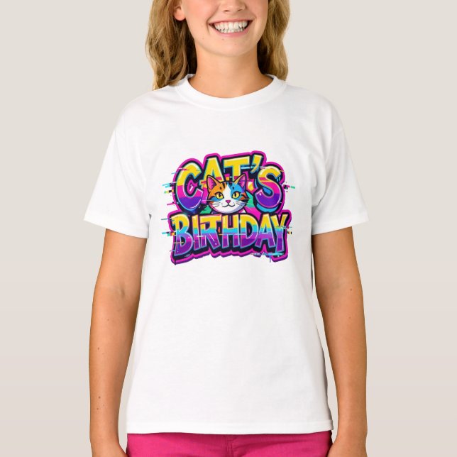 Camiseta Cumpleaños del Gato Arcoíris con Glitch (Anverso)