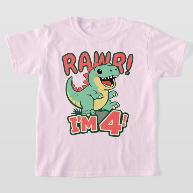 Camiseta Cumpleaños Dinosaurio Rosa 4 Años Rawr So (Distribución)