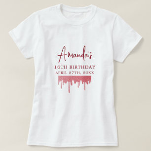 Camiseta Cumpleaños Dulce 16 Brillo Goteo Rosa Chic