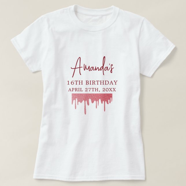 Camiseta Cumpleaños Dulce 16 Brillo Goteo Rosa Chic (Diseño del anverso)
