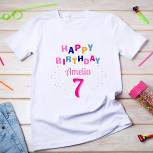 Camiseta  Cumpleaños Feliz Niña Estrellas Coloridas Rosa 
