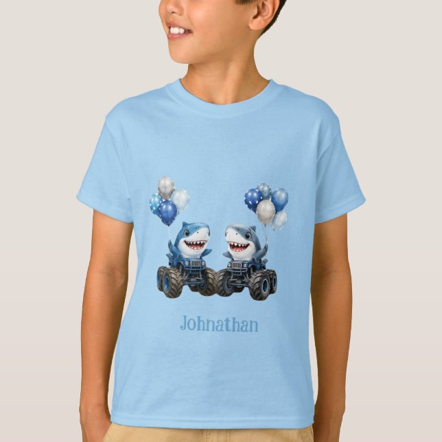 Camiseta Cumpleaños Fiesta de Camión Monstruo Tiburón (Anverso)
