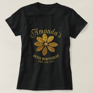 Camiseta Cumpleaños Flor de Purpurina Dorada Dulce 16