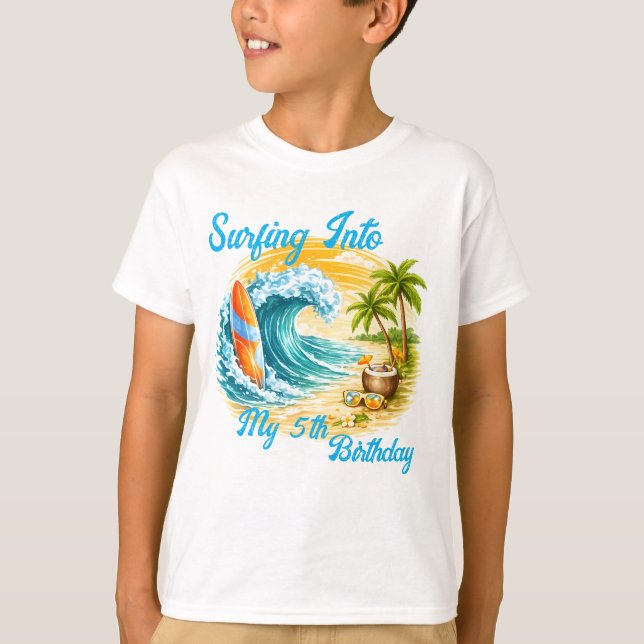 Camiseta Cumpleaños infantil tropical de playa de surf colo (Anverso)
