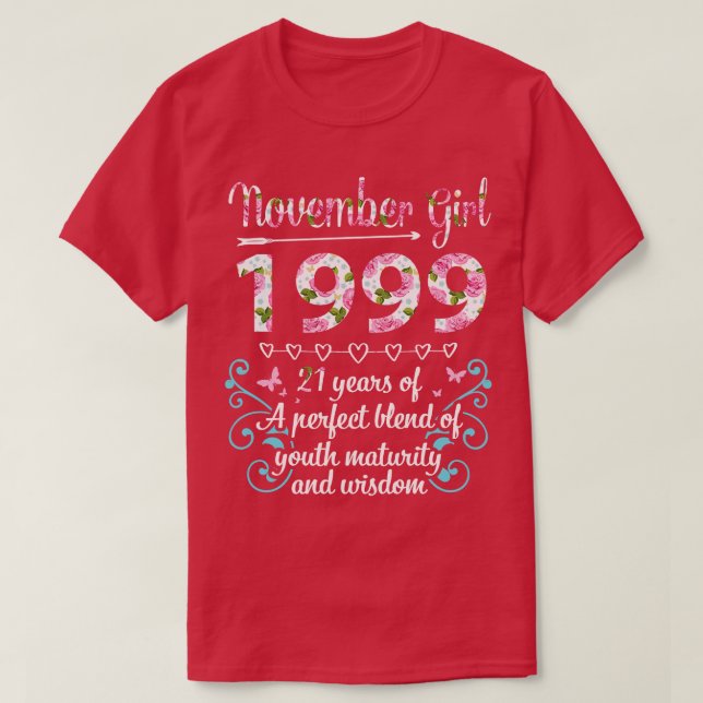 Camiseta Cumpleaños Noviembre Chica 1999 Feliz 21 Años De U (Diseño del anverso)