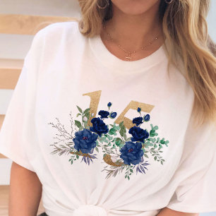 Camiseta Cumpleaños número 15 de oro floral rosa azul
