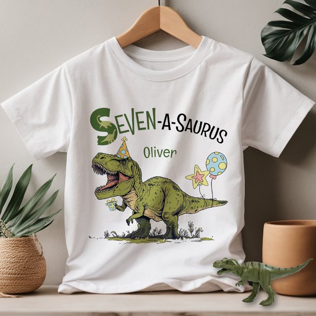 Camiseta Cumpleaños número 7 de Dinosaurio Seven-A-Saurus N (Cute Seven-A-Saurus T-Rex dinosaur theme boy 7th birthday party guest of honor kids youth t-shirt)