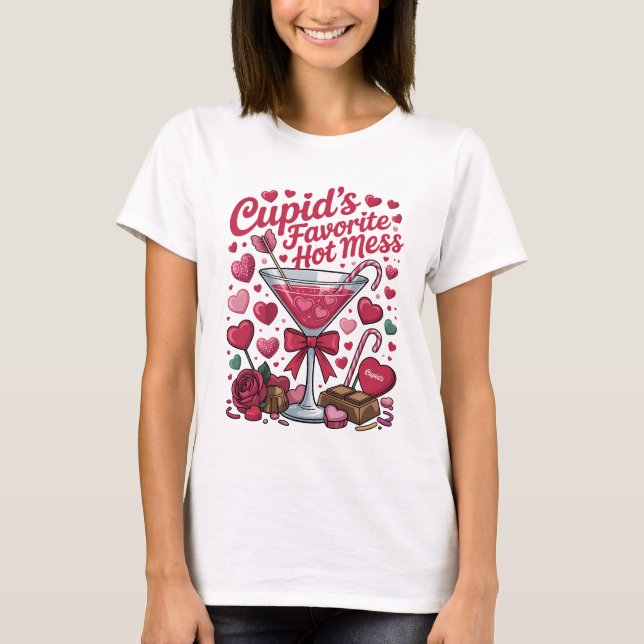 Camiseta Cupid's Favorite Hot Mess Valentine Cocktail Pink (Anverso)
