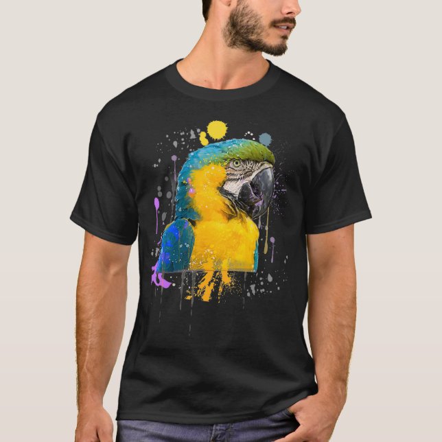 Camiseta Curiosa Acuarela Azul Y Oro Pájaro Loro De Macao (Anverso)