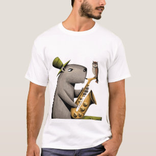 Camiseta Curioso capibara jugando saxofón con búho