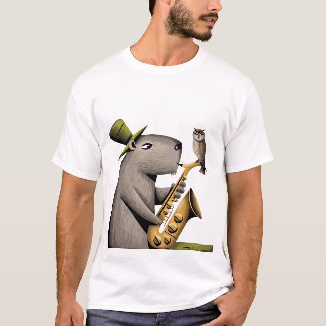 Camiseta Curioso capibara jugando saxofón con búho (Anverso)