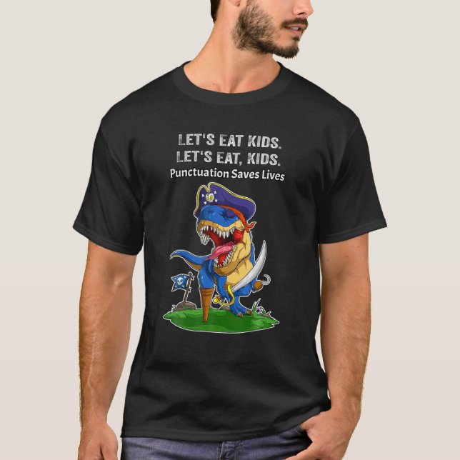 Camiseta Curioso dinosaurio pirata comamos la puntuación de (Anverso)